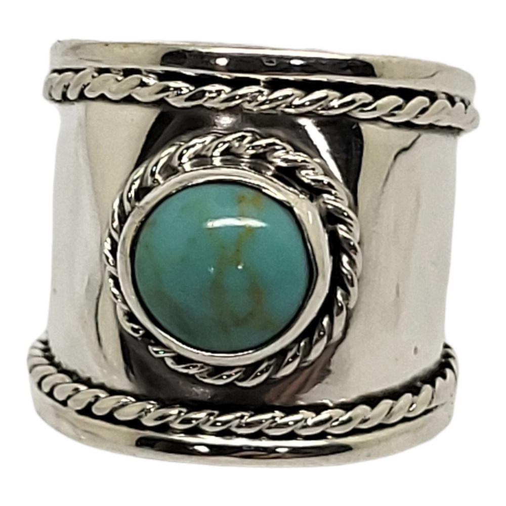 925 Mexican Sterling Silver Turquoise Round Cabochon Band Ring Size 6.5